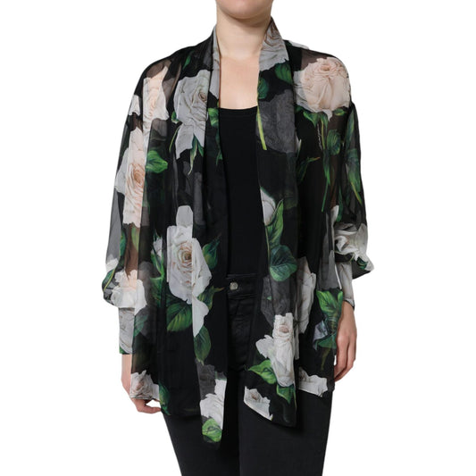 Dolce & Gabbana Black Floral Print Silk Cardigan Blouse Top Dolce & Gabbana Dark Gray