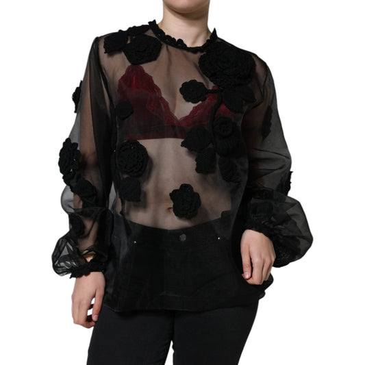 Dolce & Gabbana Black Nylon Mesh Transparent Floral Blouse Dolce & Gabbana Black