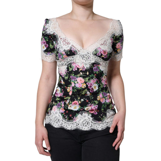 Dolce & Gabbana Black Floral Lace Short Sleeves Blouse Top Dolce & Gabbana Gray