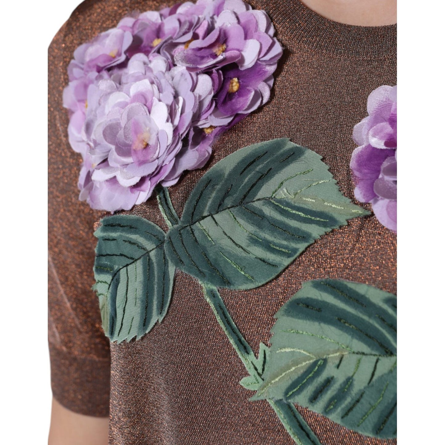 Dolce & Gabbana Brown Floral Applique Viscose Short Sleeve Top