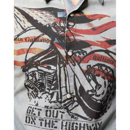 John Galliano Light Blue Printed Cotton Denim Long Sleeves Shirt