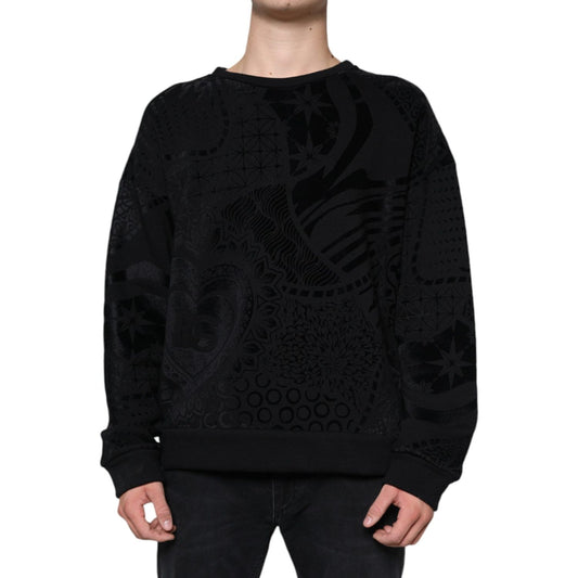 Dolce & Gabbana Black Printed Crew Neck Sweatshirt Sweater Dolce & Gabbana Black