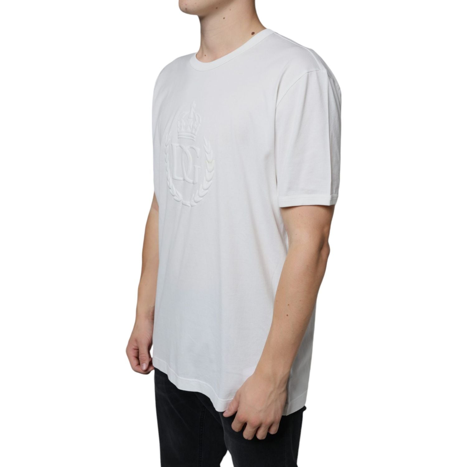 Dolce & Gabbana White Logo Embossed Cotton Crewneck T-shirt