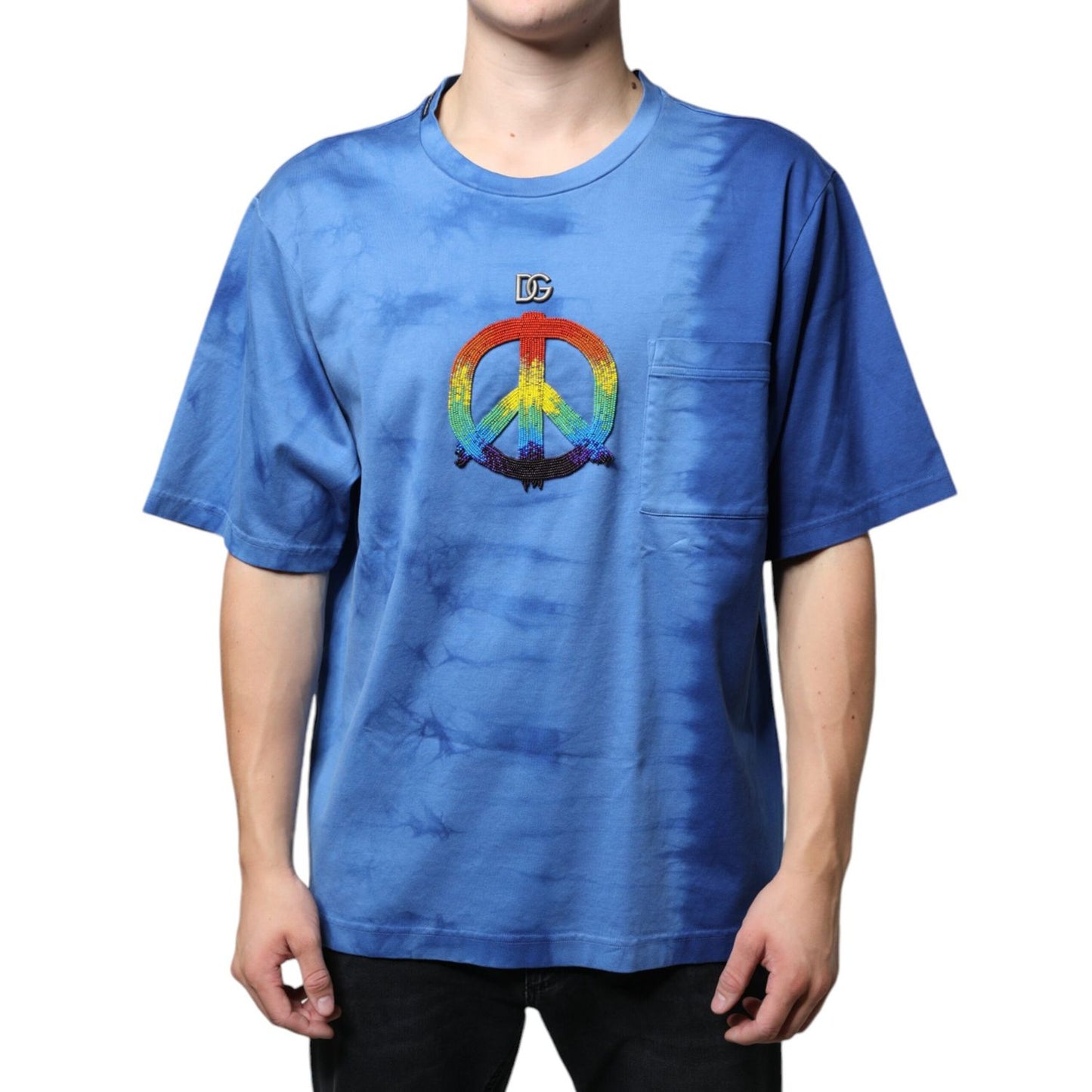 Dolce & Gabbana Blue Tie-Dye Peace Sign Cotton T-shirt