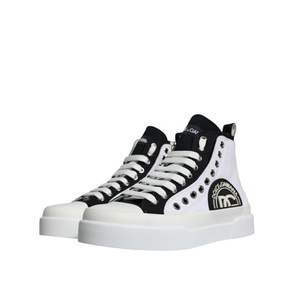 Dolce & Gabbana White Black Cotton Logo High Top Sneaker Shoes