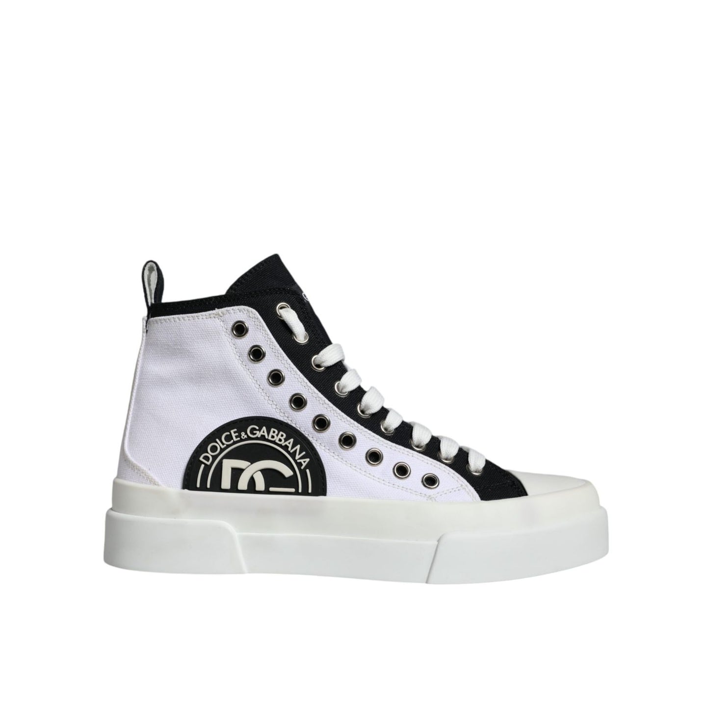 Dolce & Gabbana White Black Cotton Logo High Top Sneaker Shoes