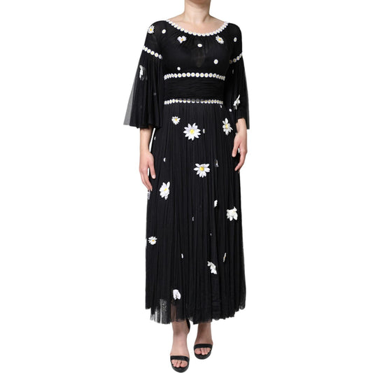 Dolce & Gabbana Black Silk Daisy A-line Long Maxi Dress Dolce & Gabbana Black
