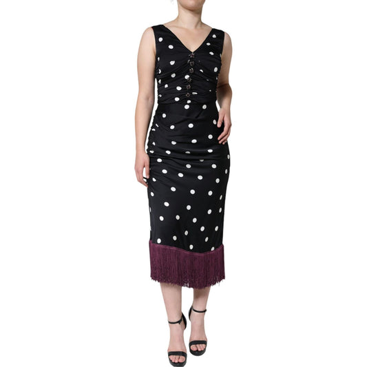 Dolce & Gabbana Black Silk Polka Dot Vneck Tassel Midi Dress Dolce & Gabbana Tan
