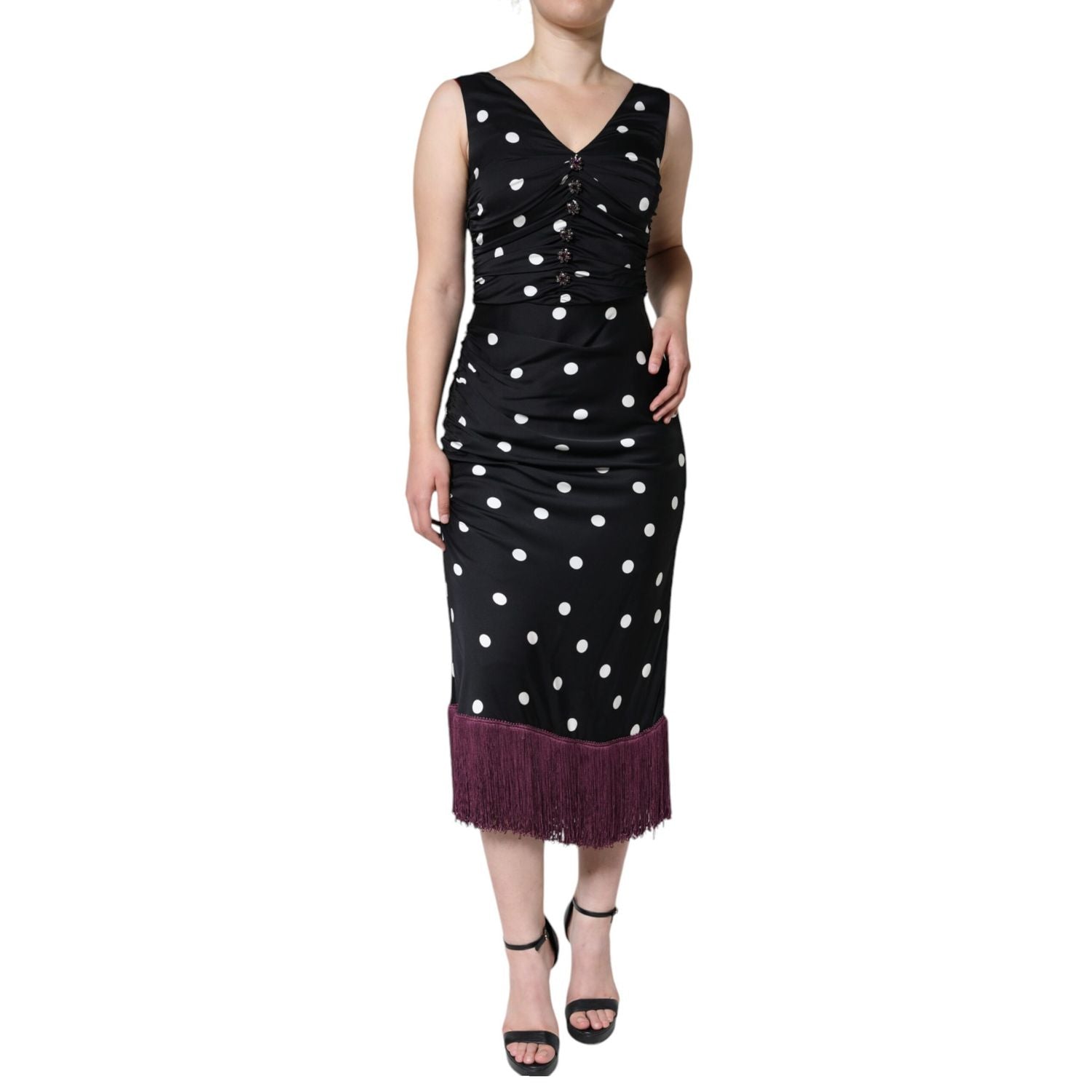 Dolce & Gabbana Black Silk Polka Dot Vneck Tassel Midi Dress