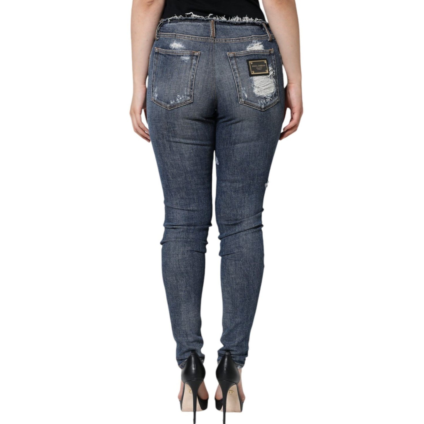 Dolce & Gabbana Blue Cotton Stretch Tattered Skinny Jeans
