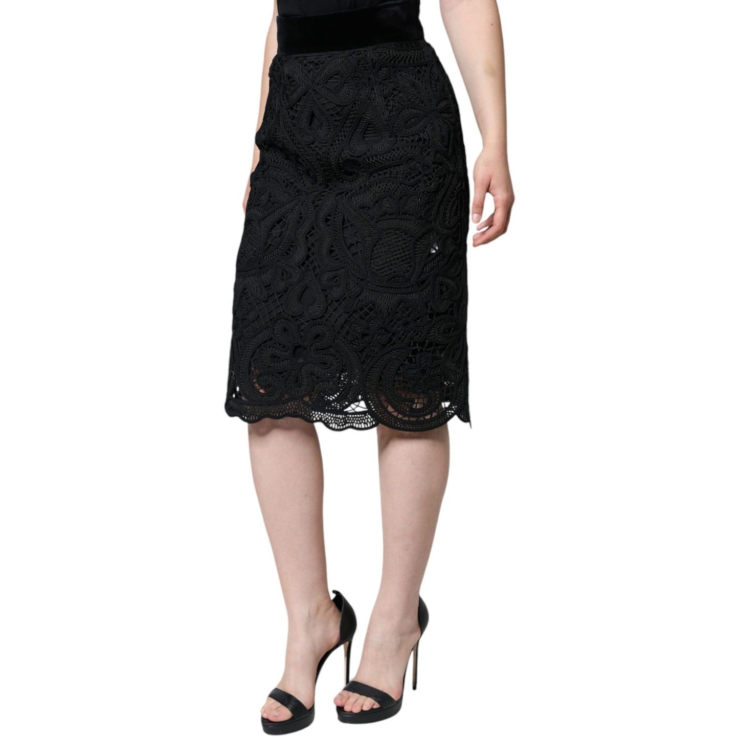 Dolce & Gabbana Black Floral Lace HighWaist Pencil Cut Skirt