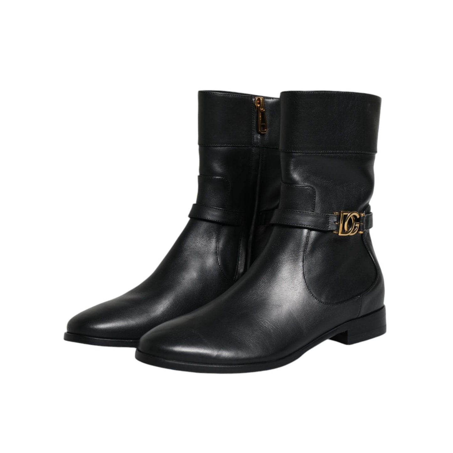 Dolce & Gabbana Black Leather Logo Mid Calf Boots Shoes