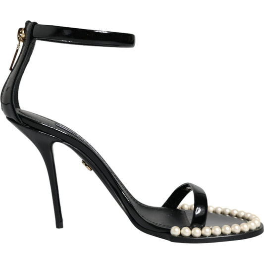 Dolce & Gabbana Black Keira Leather Faux Pearl Sandals Heels Shoes