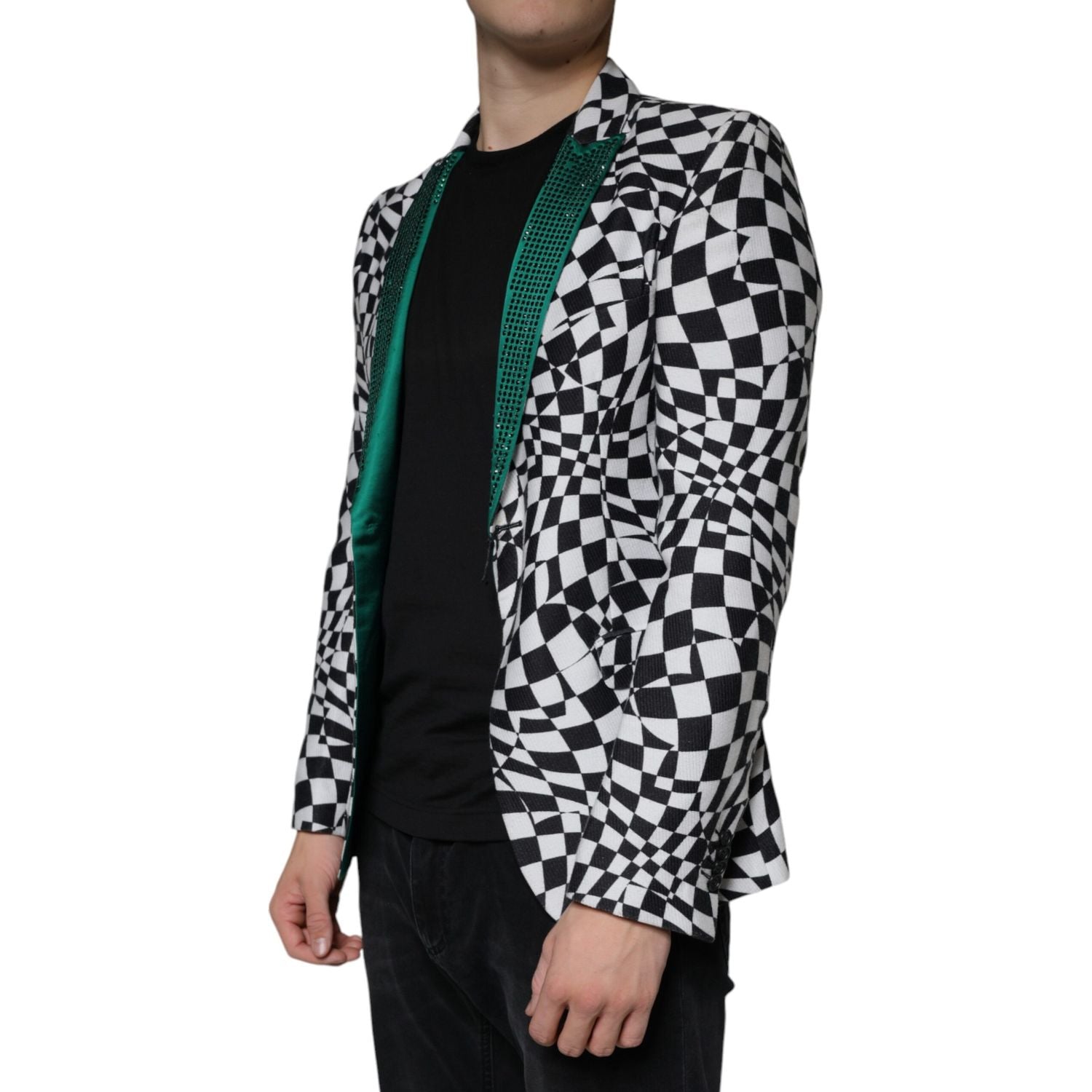 John Richmond Black White Checkered Crystal Single Breasted Blazer
