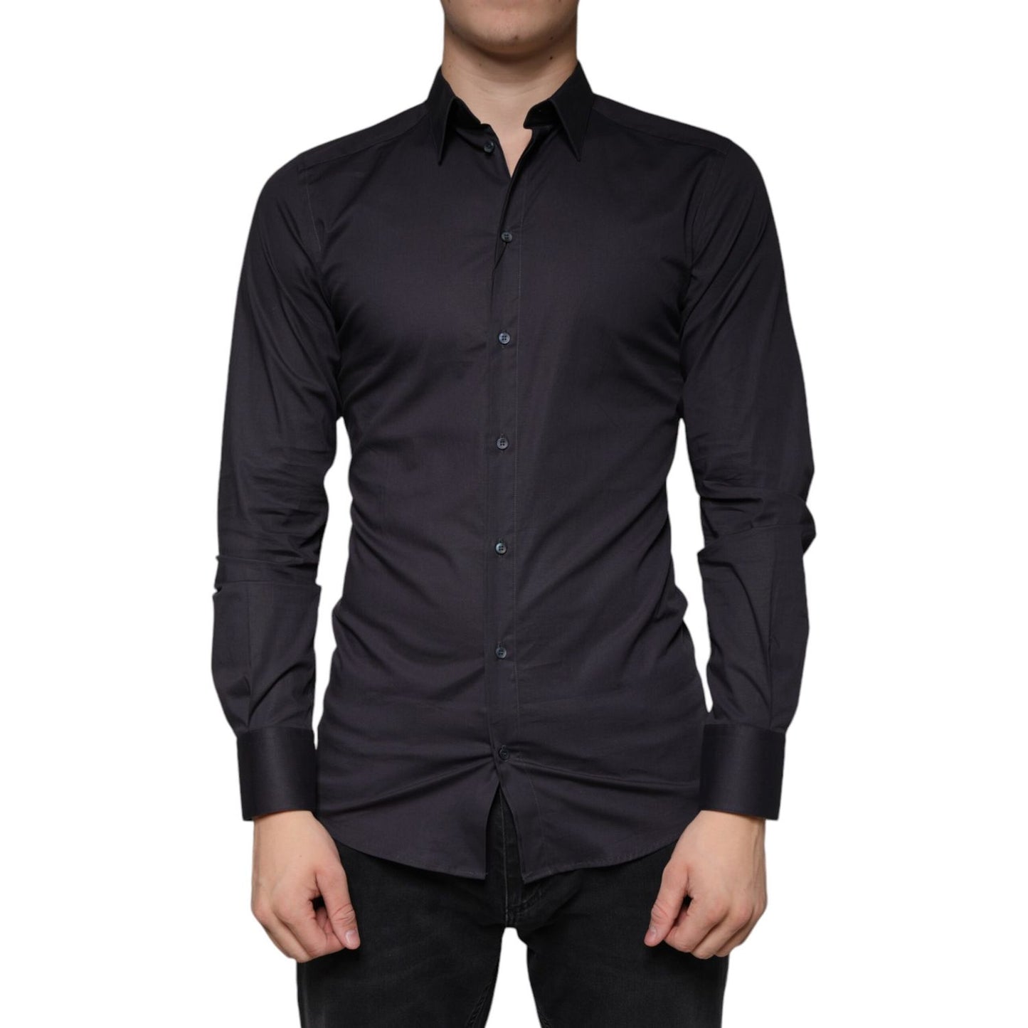 Dolce & Gabbana Black Cotton Stretch Dress GOLD Formal Shirt