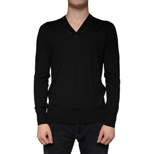 Dolce & Gabbana Black Embellished V-neck Pullover Sweater Dolce & Gabbana Black