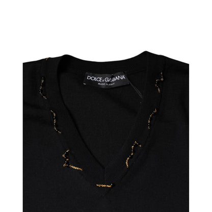 Dolce & Gabbana Black Embellished V-neck Pullover Sweater