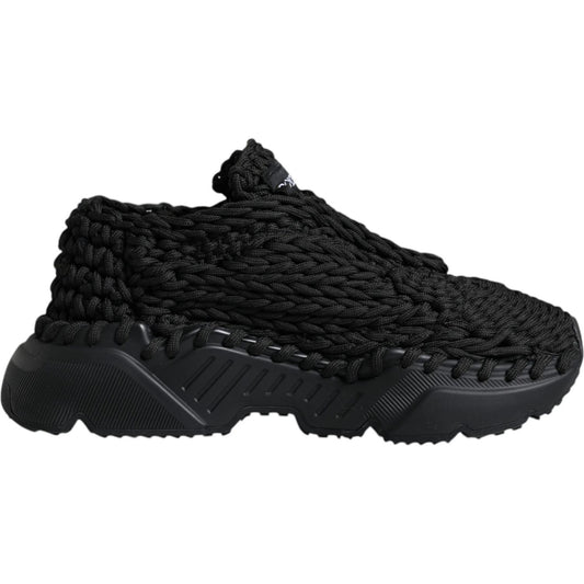 Dolce & Gabbana Black Knitted Daymaster Sneakers with rubber sole and logo details, made in Italy.