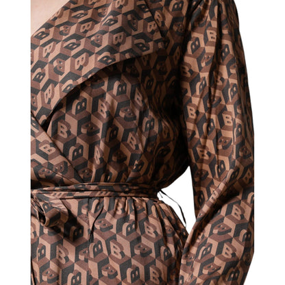 Ballantyne Brown Printed Long Sleeves V-neck Wrap Midi Dress