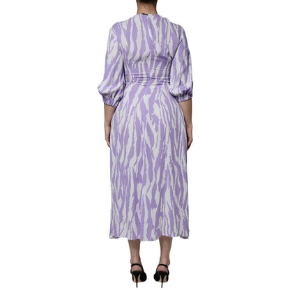 MSGM White Purple Patterned Viscose Short Sleeves Maxi Dress