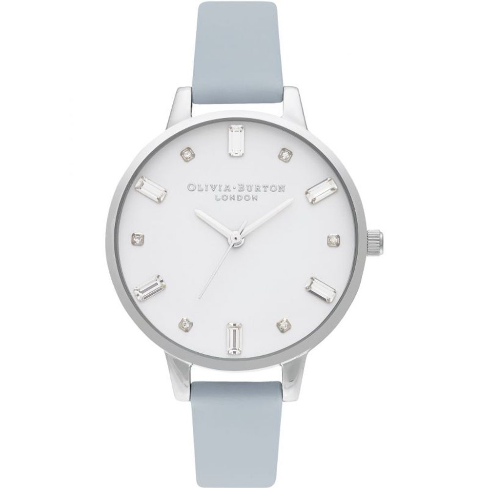 Olivia Burton Blue Artificial Leather Dress Watch with silver stainless steel case, white dial, and quartz mechanism. Fashionable and elegant.