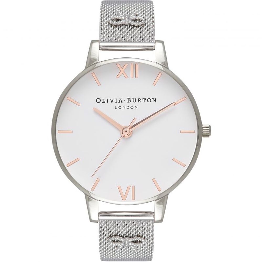 Olivia Burton Silver Stainless Steel Dress Watch with white dial and silver steel bracelet. Quartz mechanism, analog display, 38mm diameter.