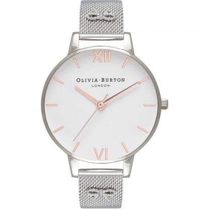 Olivia Burton Silver Stainless Steel Dress Watch with white dial and silver steel bracelet. Quartz mechanism, analog display, 38mm diameter.