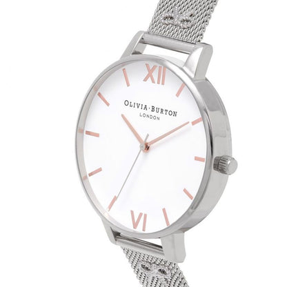 Olivia Burton Silver Stainless Steel Dress Watch with white dial and silver mesh bracelet, featuring quartz analog display.