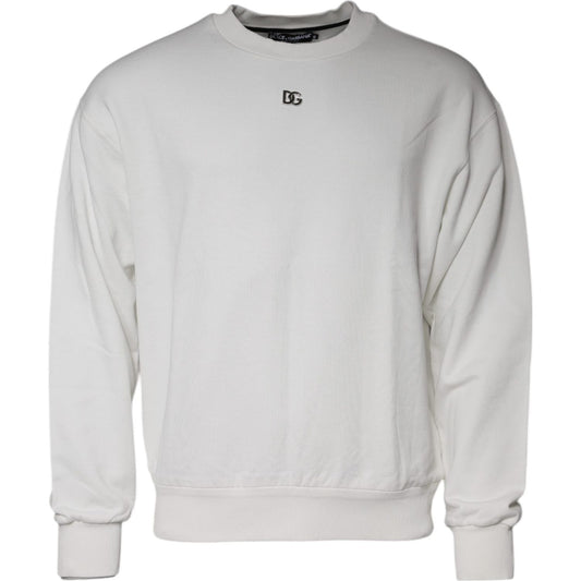 Dolce & Gabbana White Logo Cotton Crew Neck Pullover Sweater Dolce & Gabbana Light Gray