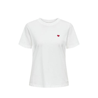 Jacqueline De Yong White Cotton T-Shirt with small red heart embroidery, short-sleeved design offering comfort and breathability.
