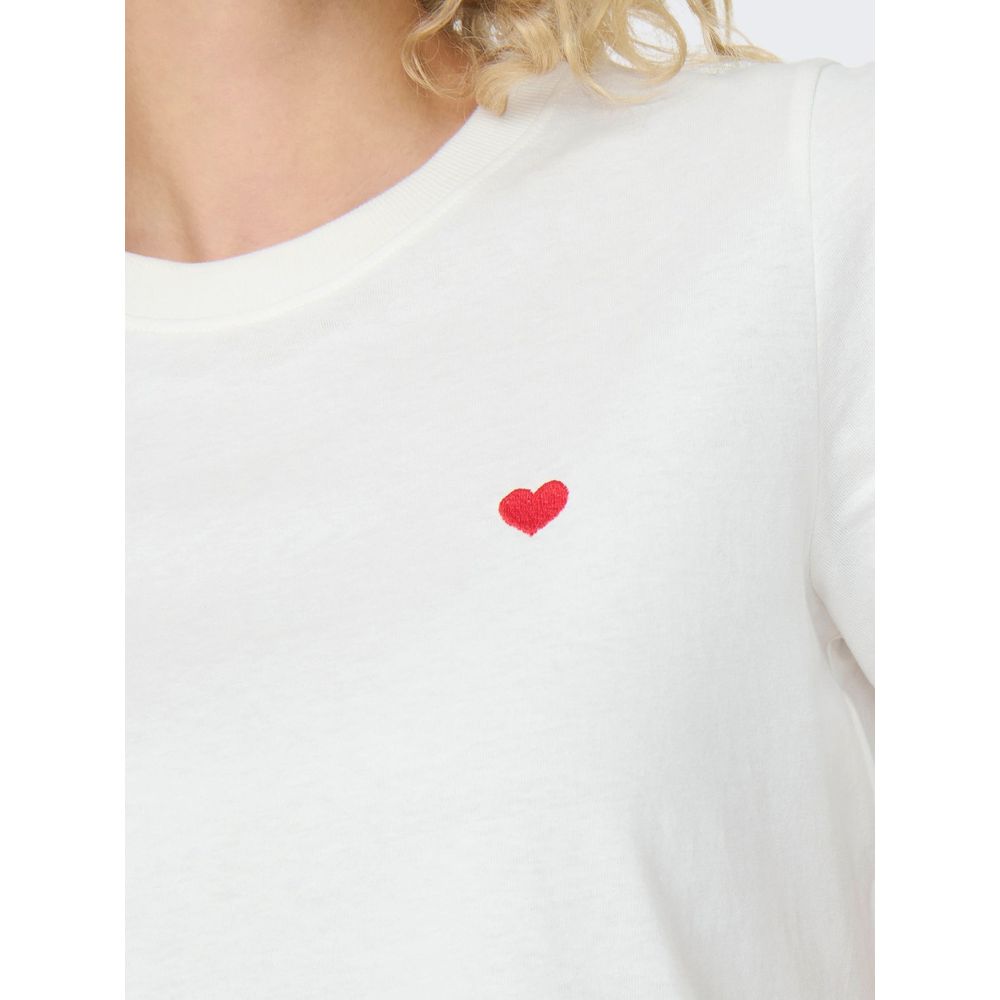 Jacqueline De Yong White Cotton T-Shirt with red embroidered heart, short sleeves, crew neck, and feminine casual style.
