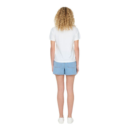 Back view of woman wearing Jacqueline De Yong White Cotton T-Shirt with blue denim shorts