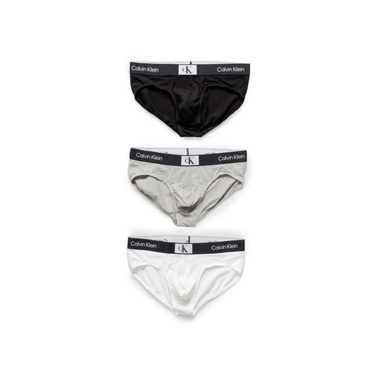 Calvin Klein men's 3-pack HIP BRIEF underwear, black, grey, white. 100% cotton, ergonomic design, elastic waistband with logo.