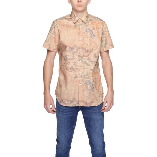 Alviero Martini Prima Classe beige short sleeve polyester shirt, men's spring/summer collection, map print design.
