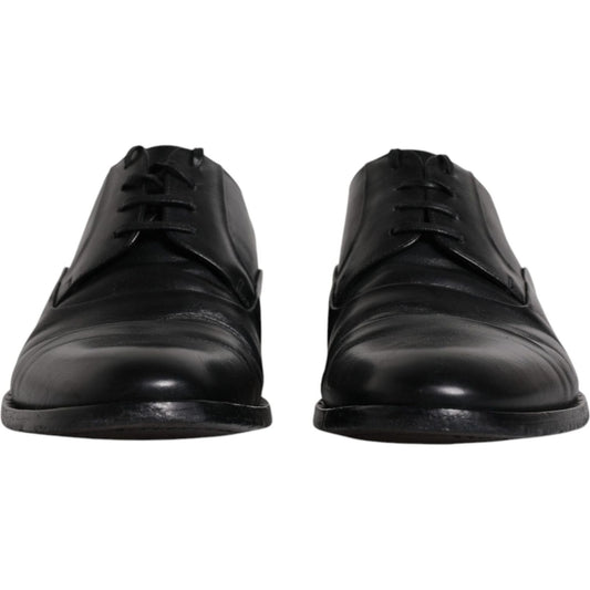 Dolce & Gabbana black leather lace-up Derby formal shoes for men with logo details, made in Italy.