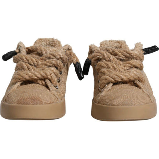 Dolce & Gabbana brown jute fabric sneakers with laces, round toes, rubber soles, and logo detail, featuring minor discolorations and rips.