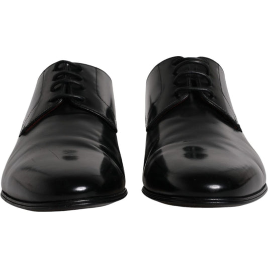 Dolce & Gabbana black leather lace-up men's derby formal shoes, front view, sleek design, calf leather, Italian craftsmanship.