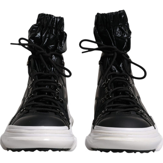 Dolce & Gabbana black nylon Galileo high top sneakers with lace-up closure and rubber sole, featuring logo details, front view.