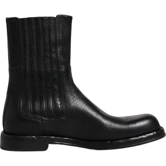 Dolce & Gabbana black leather mid-calf boots with horse leather, logo details, and exclusive design, made in Italy.