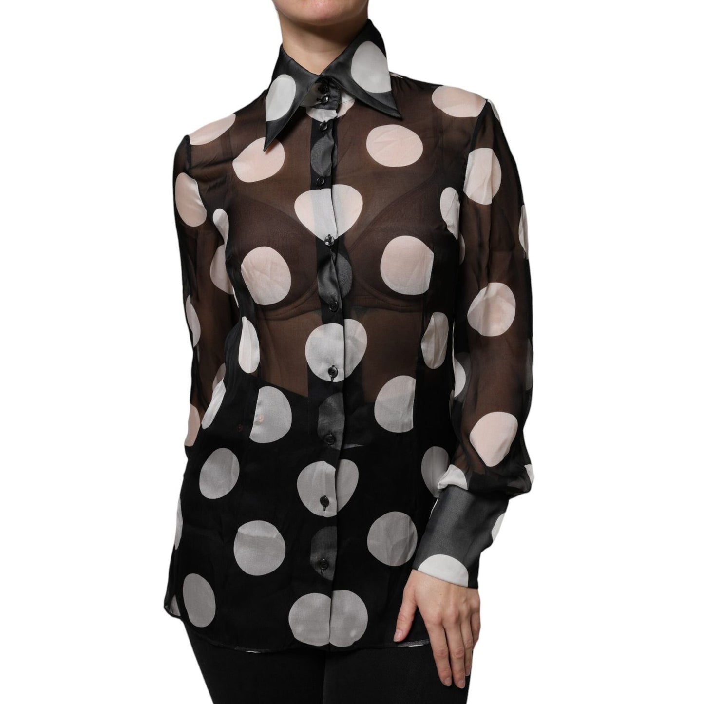 Dolce & Gabbana Black White Polka Dots Silk Long Sleeves Top
