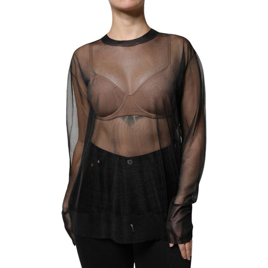 Dolce & Gabbana Black Sheer Long Sleeves Crewneck Blouse Top Dolce & Gabbana Black