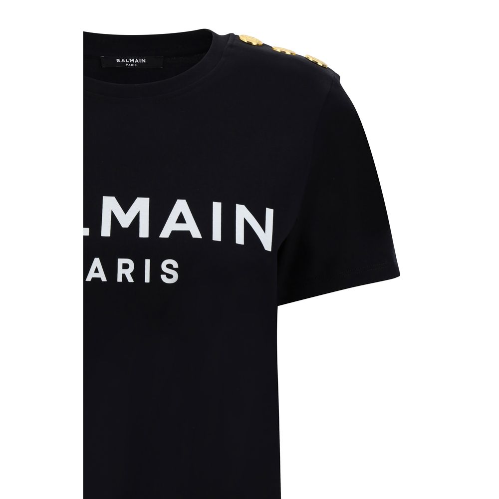 Balmain Black Cotton T-Shirt with monogram and embossed buttons on shoulder