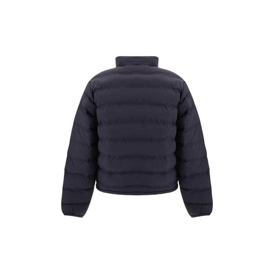 Back view of a black Daily Paper Down Jacket with quilted design and elastic cuffs, showcasing a monochrome pattern and regular fit.