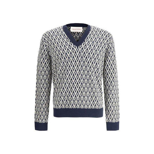 Valentino virgin wool sweater with contrasting V-neck, ribbed cuffs, and VLogo jacquard weave.