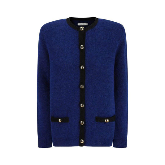Alessandra Rich Alpaca Cardigan, blue with black trim, front button closure, ribbed cuffs, contrasting crew neck, oversize fit.
