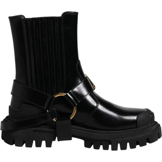 Dolce & Gabbana Black Leather Slip On Trekking Boots with Gold Detailing, Made in Italy, Mid Calf, High Craftsmanship