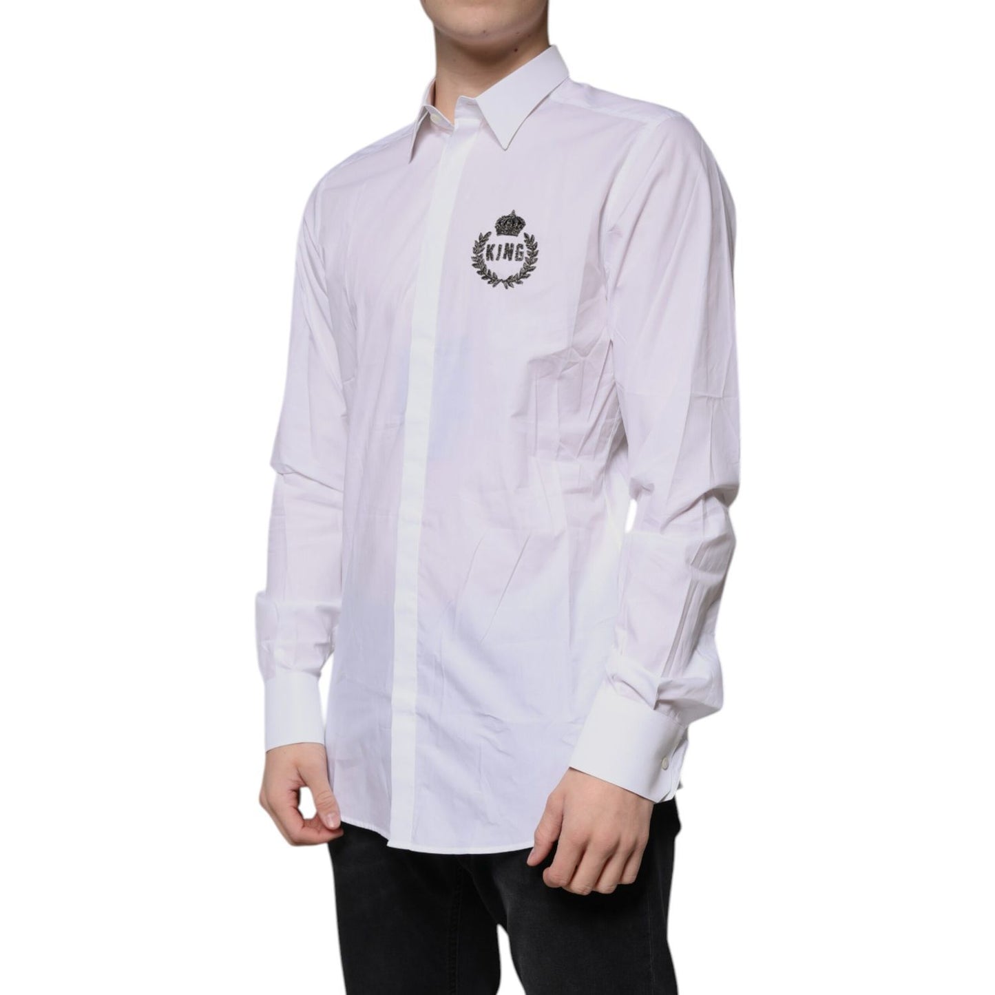 Dolce & Gabbana White Cotton Logo Formal Men GOLD Dress Shirt