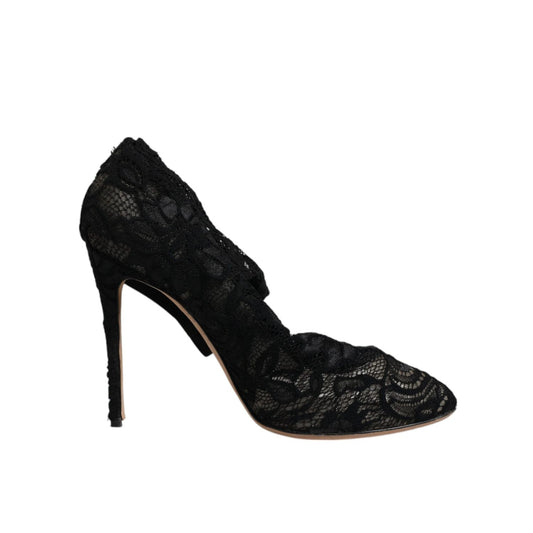 Dolce & Gabbana Black Lace Stretch Heels Mid Calf Boots Shoes