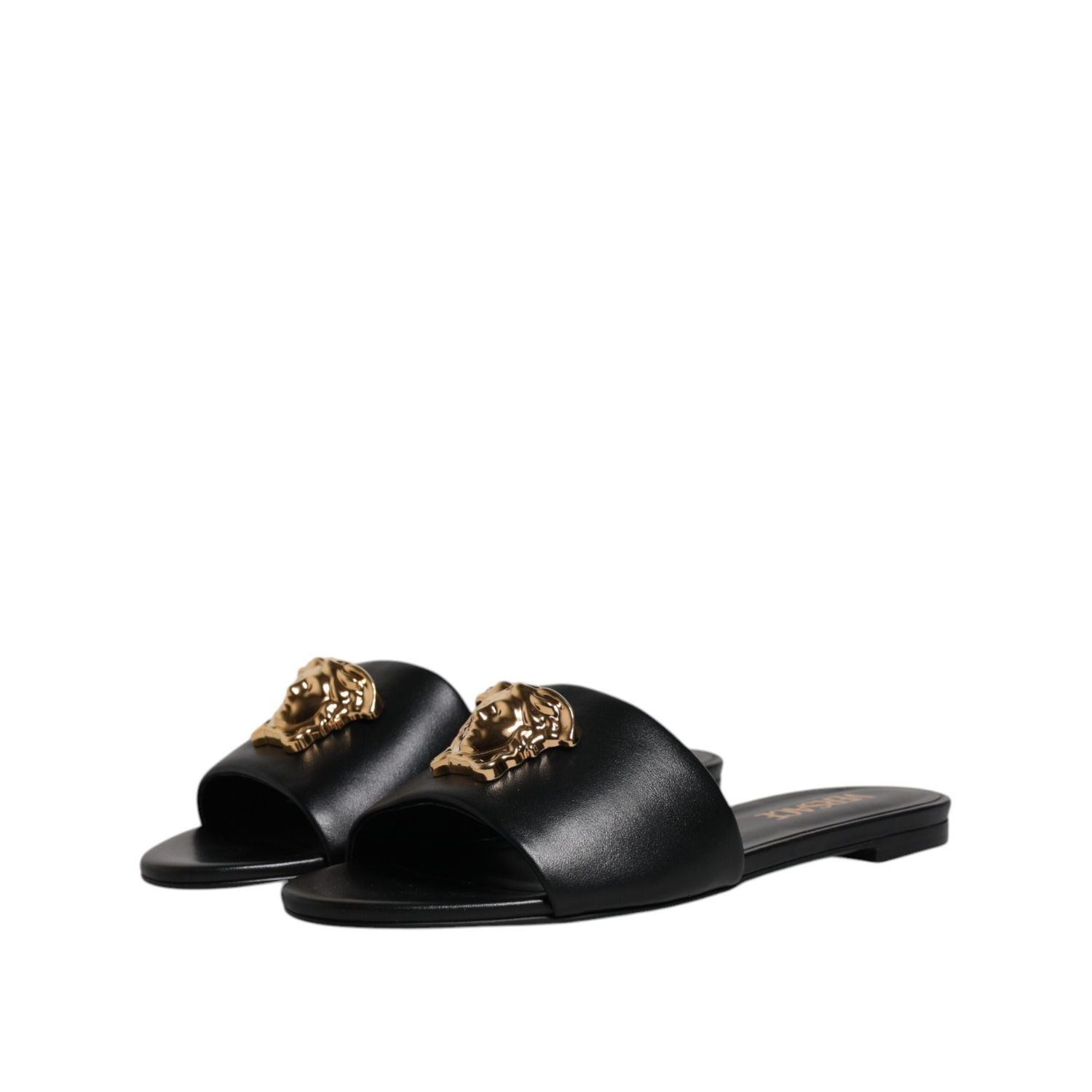 Versace Black Leather Logo Plaque Slip On Slides Flats Shoes