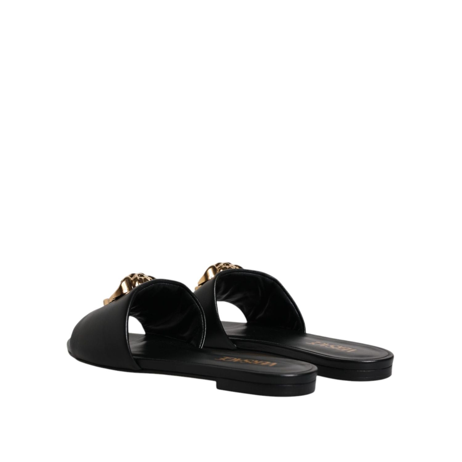 Versace Black Leather Logo Plaque Slip On Slides Flats Shoes